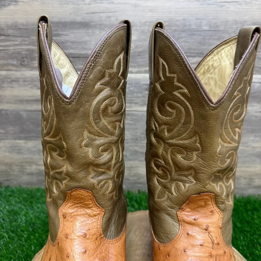 Goyazes Men - Size 9 - Olive Green/Tan Ostrich Cowboy Boots Style 359340 - Picture 3 of 11